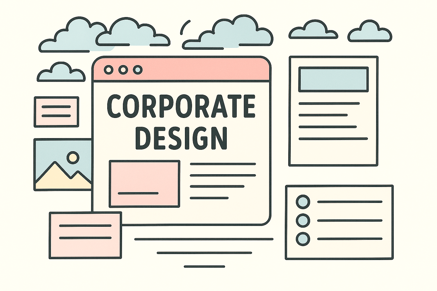 Illustration mit Browserfenster und Text: Corporate Design